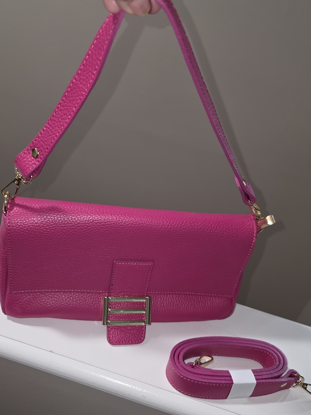 Fuchsia Leather Shoulder Bag with Gold Buckle